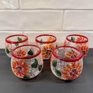 Sunflower Crackle Glass Tealight Votive Candle Holders Set of 5